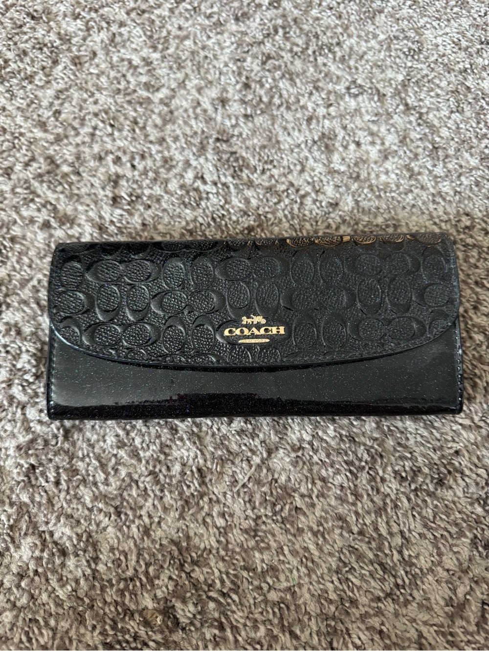 Coach Black Signature Patent Continental Wallet with Gold Logo